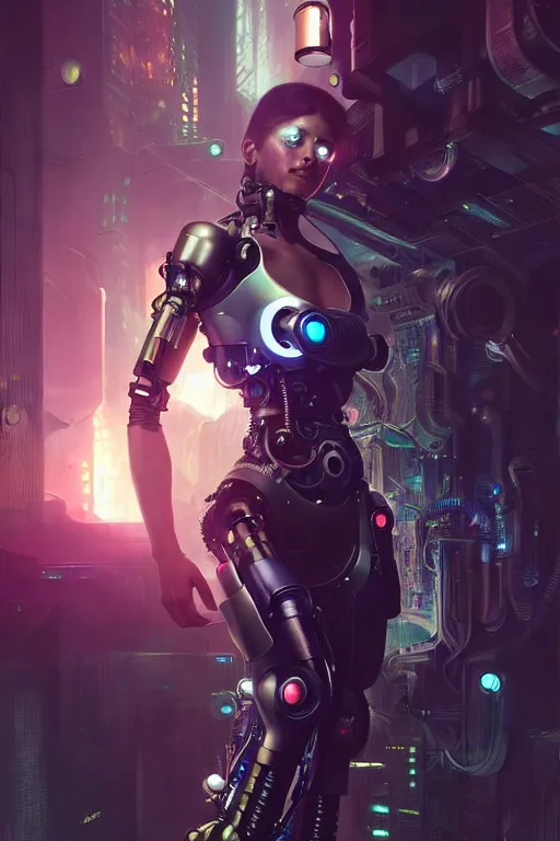 Image similar to ultra realistic, beautiful female cyborg in a crowded smoky cyberpunk club in space megalopolis, sci - fi, intricate details, eerie, highly detailed, octane render, 8 k, art by artgerm and alphonse mucha and greg rutkowski