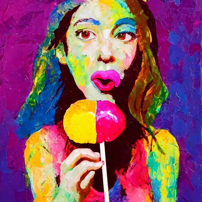 Image similar to portrait of beautiful woman licking a lollipop painted with colorful gouache impasto