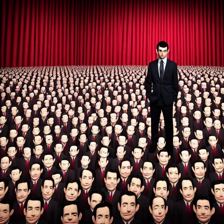 Image similar to focused dslr medium shot photograph of nathan fielder standing in front of hundreds of nathan fielder puppets on strings from nathan for you on comedy central filmed by a tv crew on a stage with a red curtain, meta, fractal, trippy, high detail!!! 8 k!!!!, photorealism!!!, sharp focus!!! coherent!!!