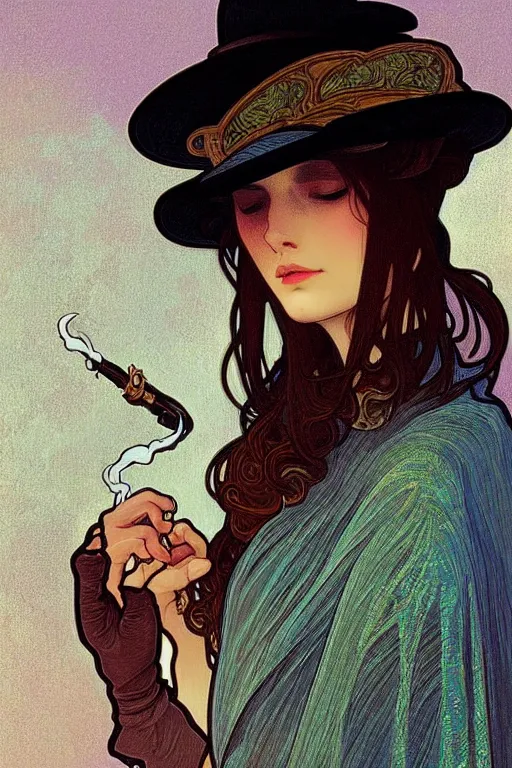 Image similar to Sad woman smoking a gigarette, wearing hat made of smoke and ashes, fantasy, intricate, elegant, highly detailed, digital painting, artstation, concept art, smooth, sharp focus, illustration, art by alphonse mucha and victor vasarely