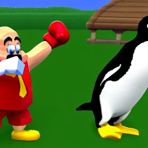 Image similar to danny devito punching penguins, nintendo 6 4 screenshot, low poly, aliased