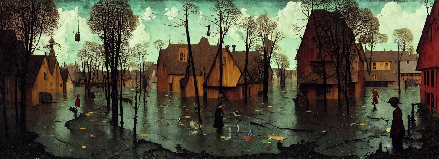 Image similar to flooded old wooden street, very coherent and colorful high contrast masterpiece by norman rockwell franz sedlacek hieronymus bosch dean ellis simon stalenhag rene magritte gediminas pranckevicius, dark shadows, sunny day, hard lighting, reference sheet white background