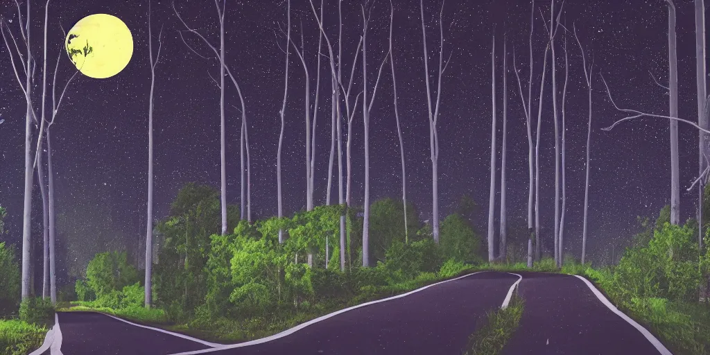 Image similar to night, road between tall trees, dense forest, dark night, moon, in style of disney cartoon