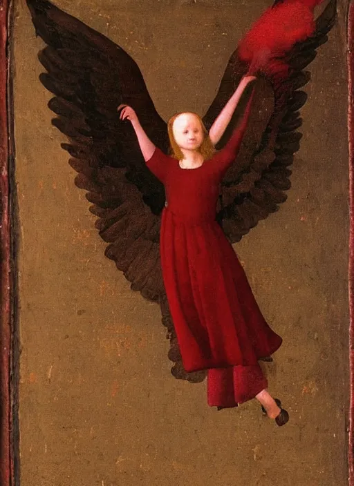 Image similar to Flying Fallen Angel with wings dressed in red, Medieval painting by Jan van Eyck, Johannes Vermeer, Florence