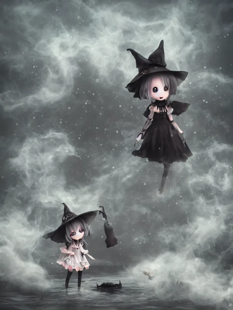 Image similar to cute fumo plush girl witch standing in reflective murky river water, gothic horror maiden in tattered cloth, hazy heavy swirling volumetric fog and smoke, moonglow, lens flare, chibi anime, vray