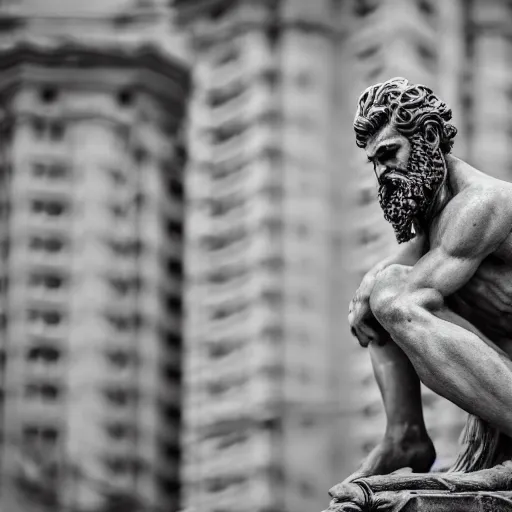 Prompt: statue of frustrated Poseidon very annoyed and complaining with wild gestures to the camera, Sigma 85mm f/1.4