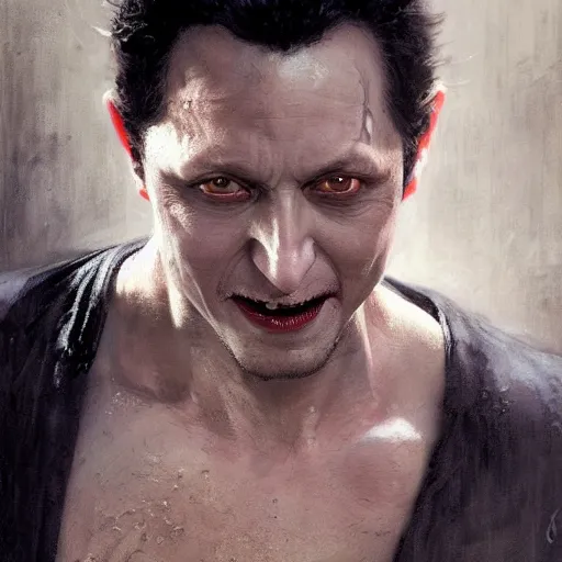 Prompt: detailed realistic cinematic wide shot of beautiful attractive rob schneider vampire man wearing black bath robe slim face symettrical face clean skin black eyes black robe smooth, sharp focus, ultra realistic, spring light, painting by gaston bussiere, craig mullins, j. c. leyendecker