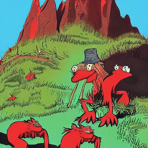 Image similar to Professional art, a stunning illustration of red goblins on a mountainside illustrated by Dr Suess