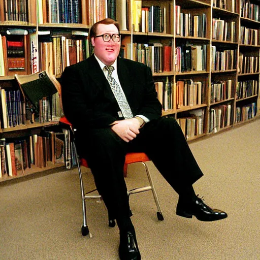 Prompt: 2 0 0 3 john lasseter wearing a black suit and necktie and black shoes sitting in a chair with his legs crossed in a bookstore.
