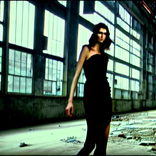 Image similar to runaway beautiful supermodel replicant standing in a dirty abandoned factory, still from closed circuit tv footage, high angle