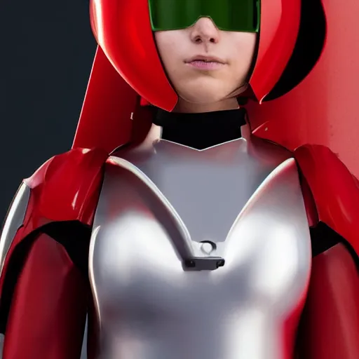 Image similar to portrait of a beautiful female soldier, no makeup, in glossy sleek white armor inspired by samus aran, long red cape, heroic posture, determined expression, no helmet, on the surface of mars, dramatic lighting, cinematic, sci-fi, hyperrealistic, detailed
