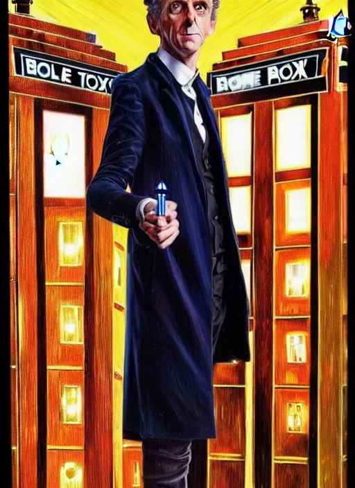 Prompt: oil painting of the twelfth doctor from doctor who with his tardis, intricate, elegant, highly detailed, lighting, painting, artstation, smooth, illustration, art by greg rutowski and alphonse mucha