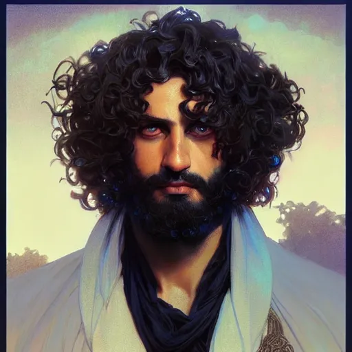 Prompt: ,Crystal blue eyes arab man with black hair curly,serious face, by WLOP,Artgerm,Greg Rutkowski,Alphonse Mucha, Beautiful dynamic,shadows,Artstation,concept design art,Octane render,8K