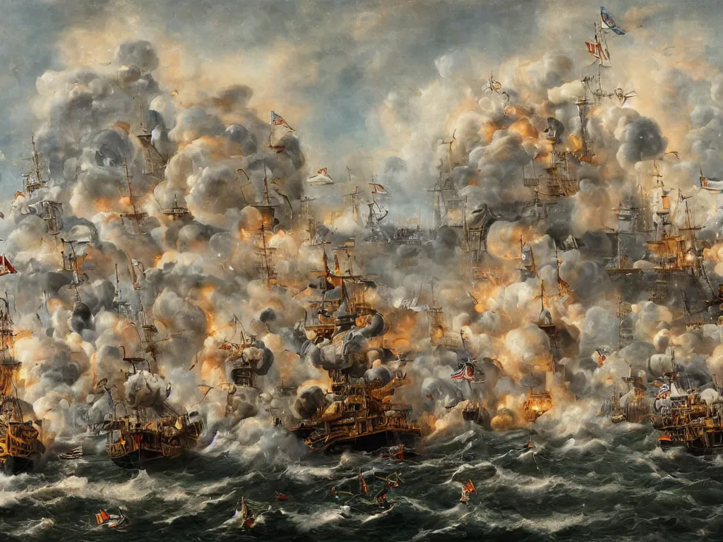 Prompt: An oil painting of a naval battle with cannons, highly detailed, intricate, 4k, masterpiece