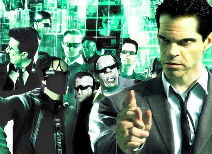 Image similar to tommy tallarico dressed as agent smith from the matrix surrounded by multiple versions of himself with green tint matrix filter