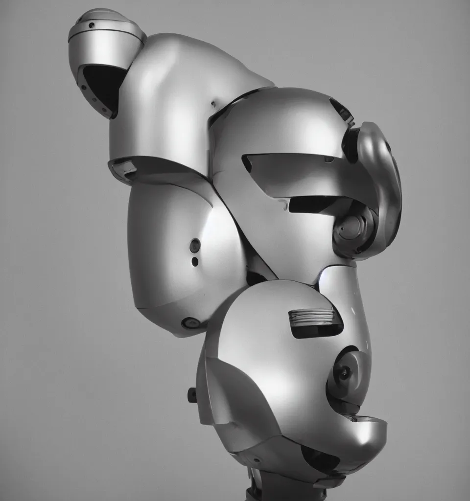 Image similar to studio portrait photo of a minimalist robot head, designed by Douglas Coupland, 50mm, pentax, film