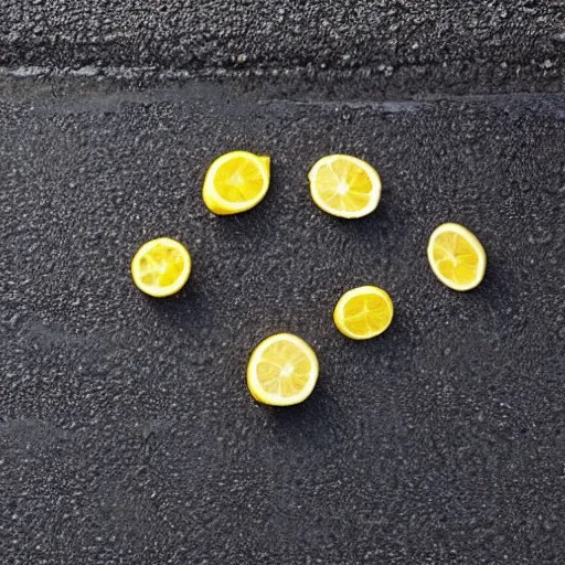 Prompt: lemons stuck in wet asphalt