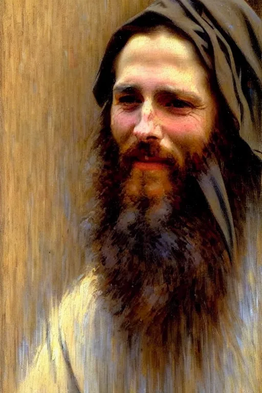 Image similar to impressionist brushstrokes!!!!!!!!! solomon joseph solomon and richard schmid and jeremy lipking victorian loose genre loose painting full length portrait painting of jesus with a slight smile happy inviting