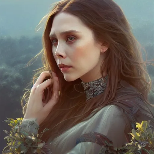 Image similar to ultra realistic illustration, elizabeth olsen, intricate, elegant, highly detailed, digital painting, artstation, concept art, smooth, sharp focus, illustration, art by artgerm and greg rutkowski and alphonse mucha