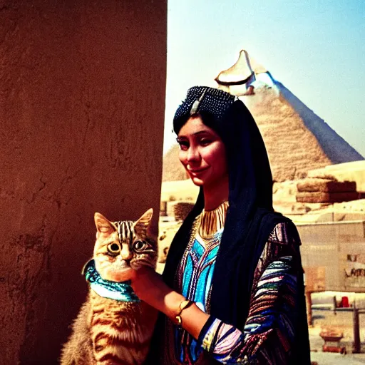 Image similar to hd photo of the egyptian goddess bast in modern cairo. goddess with a cat's head. high - quality candid photography, cinestill 5 0 0