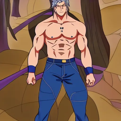 Prompt: Chris Hemsworth with a muscular body type, anime art, anime style