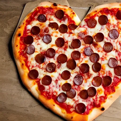 Prompt: heart shaped magerhita pizza with alot of cheese, 4 - 5 cherry tomata served on a wooden plate