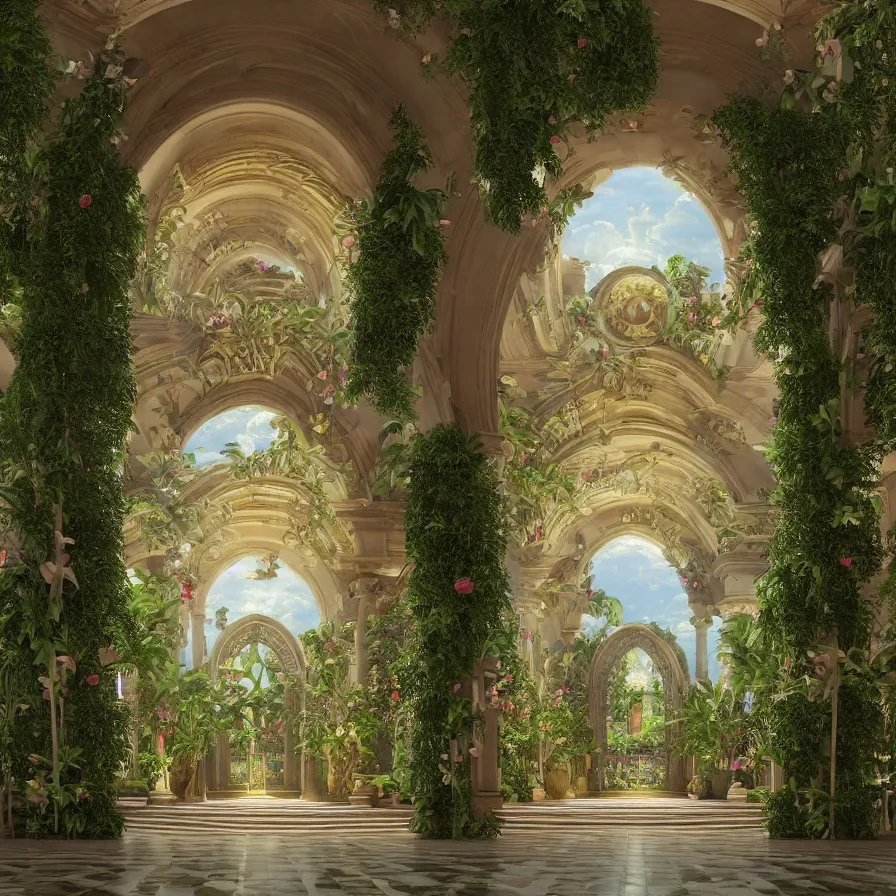 Image similar to beautiful cathedral interior with koi pond in the middle surrounded by palm trees, ivy, flowers, tropical plants, roses, and with archways, rendered in octane render with photorealistic volumetric lighting, cinematic,!! horizontal symmetry!!, a flemish baroque by thomas cole, sanctuary, unsplash contest winner, maximalism, sanctuary