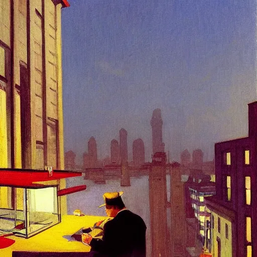 Image similar to a small rooftop with company of people sitting, shanghai bund is on the background, night, by edward hopper