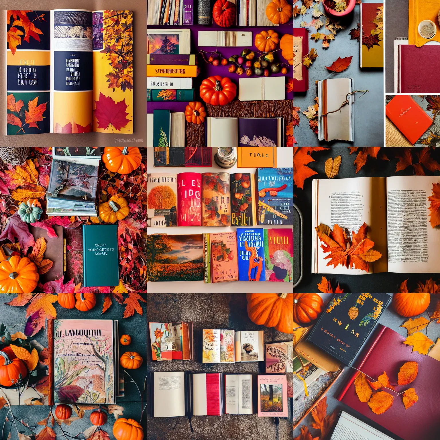 Prompt: flatlay book collection, vivid colors, dramatic lighting, autumn harvest