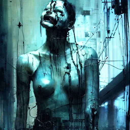 Image similar to screaming cyberpunk, wires, machines by emil melmoth zdzislaw belsinki craig mullins yoji shinkawa realistic render ominous detailed photo atmospheric by jeremy mann francis bacon and agnes cecile ink drips paint smears digital glitches glitchart