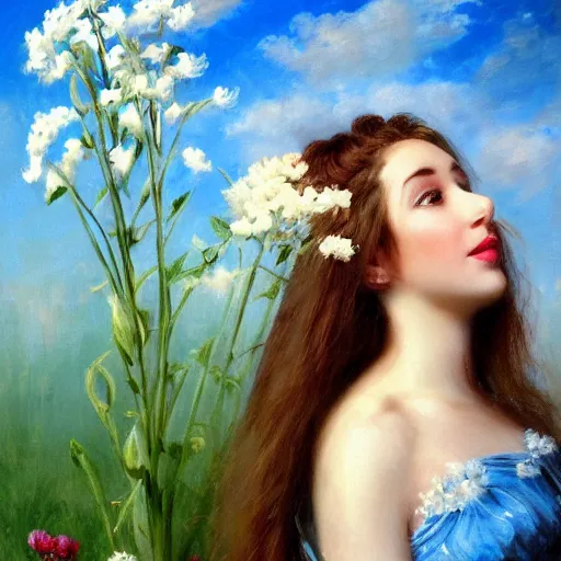 Image similar to a portrait of a romantic woman with flowers grow out of hair, roses peonies forget-me-nots dahlias lupins gladioli, sky theme in background, by Alexandr Averin, Digital Art, Trending on artstation