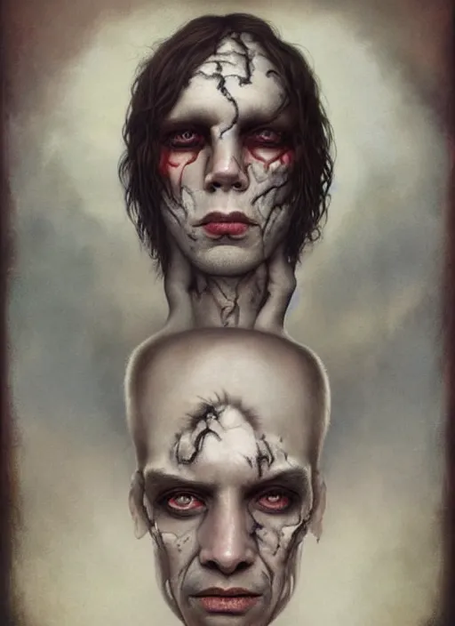 Image similar to a malevolent portrait of a scarred man with beautiful eyes and short brown hair, art by tom bagshaw