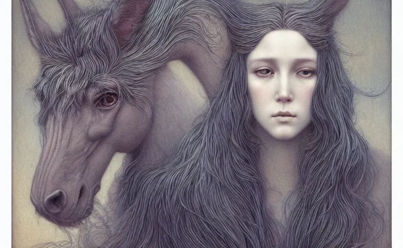 Image similar to horse rabbit hybrid character portrait by jean delville, tom bagshaw, brooke shaden, gustave dore and marco mazzoni, studio ghibli style, high fantasy, detailed fur, intricate details