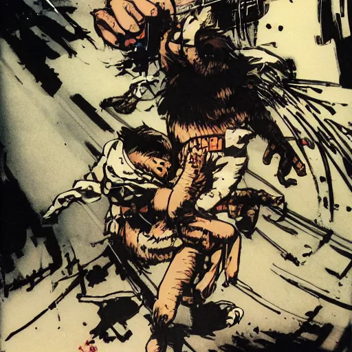 Prompt: a tight shot of a monkey attacking a child in Japan by Yoji Shinkawa and Ashley Wood, rule of thirds