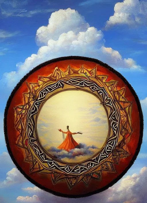 Prompt: a beautiful painting of a highly decorated round shamanic drum on the ground, with a beautiful cloudy sky, fantasy art, matte painting