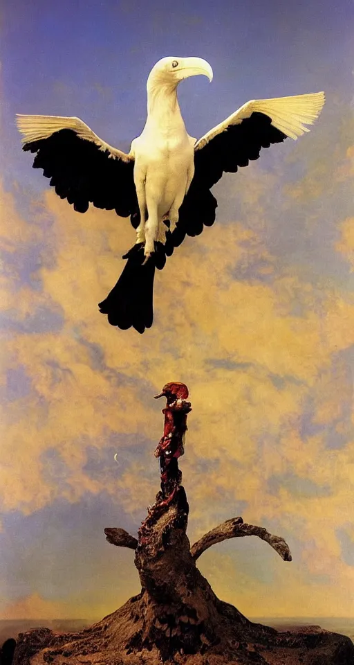 Prompt: photographic masterpiece of an albino raven standing on a golden skull with mexican pattens, annie leibovitz, frederic leighton, roger dean