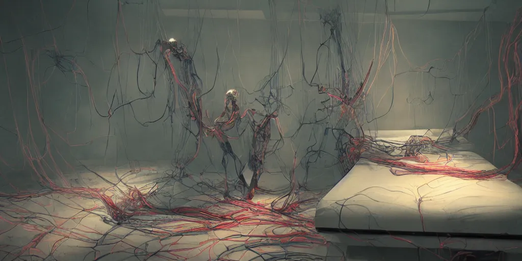 Prompt: rgb, glowing, extreme rage, maximalist bedroom, woman, cinematic, movie scene, inspired by zdzislaw beksinski, clothes made out of veins,, cables everywhere, bedroom, ultra realistic, concept art, intricate details, highly detailed, photorealistic, octane render, 8 k