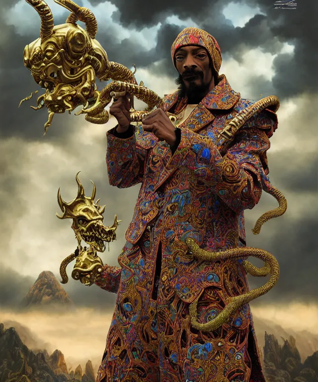 Prompt: hyperrealistic rendering, epic boss battle, ornate supreme snoop dogg, jewel crown, battle armor, by art of skinner and richard corben and artgerm and greg rutkowski and alphonse mucha, product photography, action figure, sofubi, storm clouds, outside, lightning