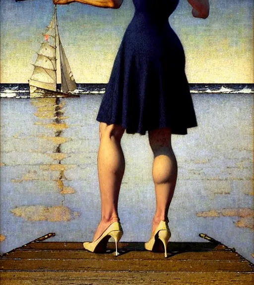 Prompt: a fancy beautiful young lady standing on a wharf at the edge of the sea by brom and gil elvgren and jean delville and william blake and norman rockwell and michael whelan, crisp details, hyperrealism, high detail, high contrast, low light, stylish navy blue heels