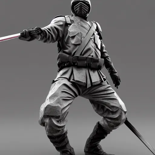 Image similar to 3 d rendering of marble and chrome statue of ninja wearing full face mask and hunter hat, combat suit, technological, octane render