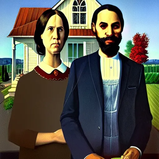 Image similar to Justin Trudeau together with Jagmeet Singh in the american gothic painting, concept art, sharp focus, highly detailed digital painting by Grant Wood, artstation