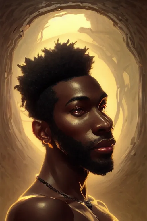 Image similar to clear portrait of a black attractive men, cottagecore!!, background hyper detailed, character concept, full body, dynamic pose, glowing lights!! intricate, elegant, highly detailed, digital painting, artstation, concept art, smooth, sharp focus, illustration, art by artgerm and greg rutkowski and alphonse mucha