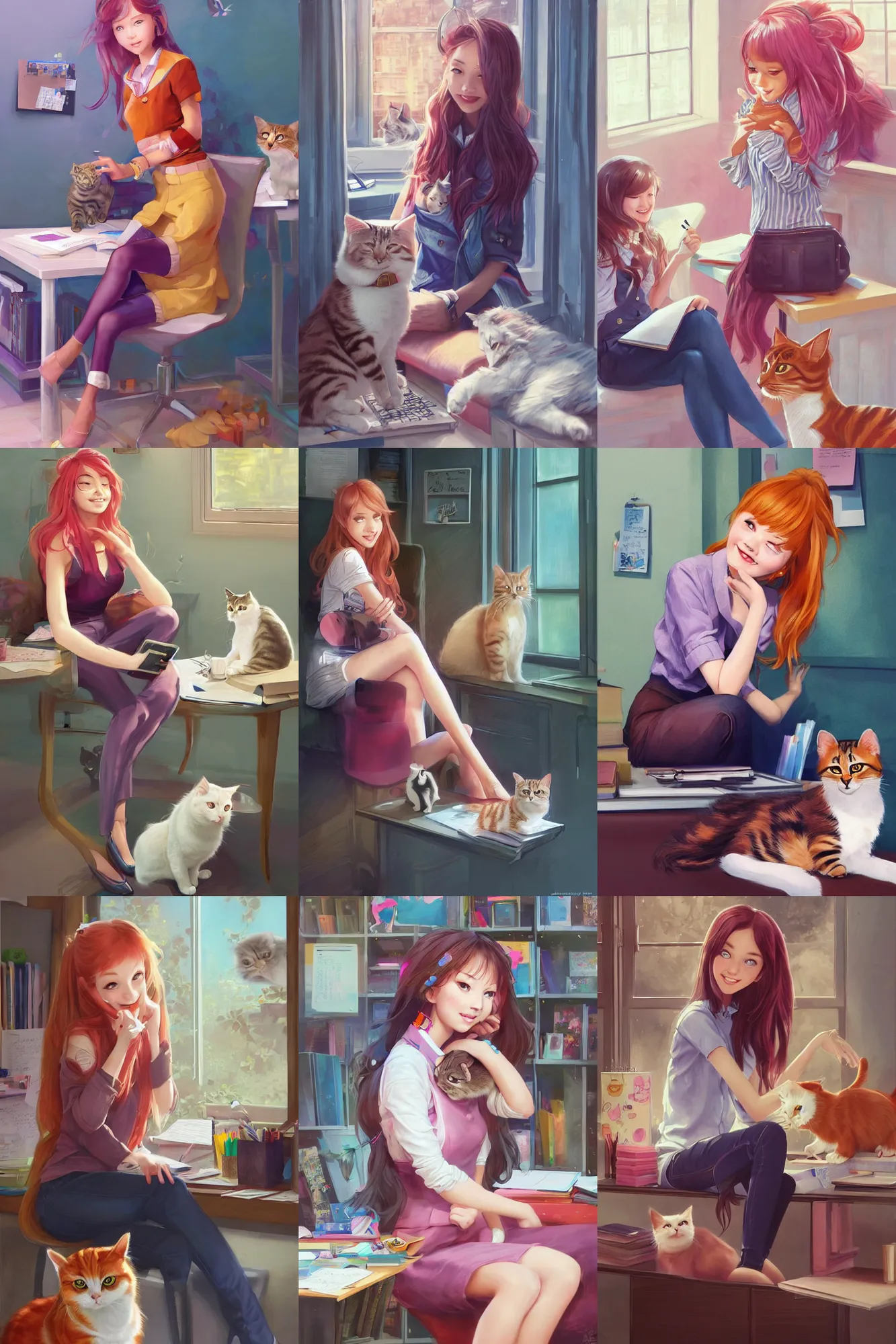 Prompt: a beautiful college girl sitting in her office petting a cat in her lap | | cute - fine - subtle smile, colorful hair, face, pretty face, fine details by stanley artgerm lau, wlop, rossdraws, james jean, andrei riabovitchev, marc simonetti, and sakimichan, trending on artstation