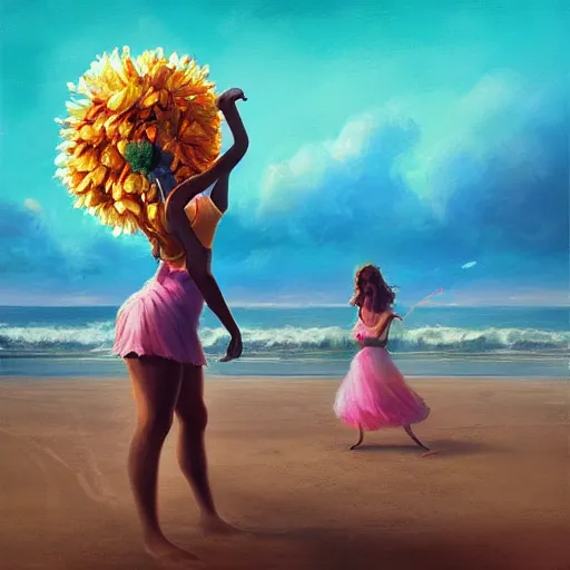 Prompt: portrait, giant rose flower head, girl dancing at the beach, surreal photography, sunrise, blue sky, dramatic light, impressionist painting, digital painting, artstation, simon stalenhag