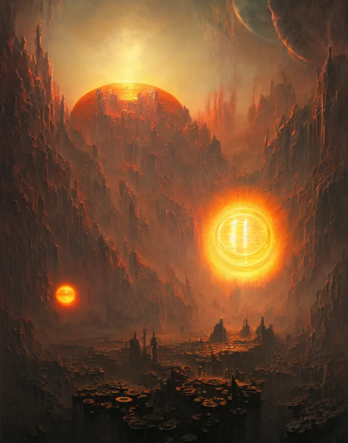 Image similar to highly detailed, intricate, stunningly beautiful matte painting of cyber hell full of demons, huge glowing sun, by shaun tan and peter mohrbacher