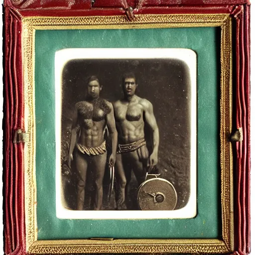 Image similar to spartan man and his helot slave, helot, ancient sparta, daguerreotype photograph, ancient photograph