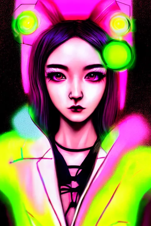 Prompt: An extremely beautiful neon-noir kawaii decora highly detailed HD portrait of a young attractive woman with a silky bio-luminiscent Aetherpunk dress, neo-cyberpunk, professionally painted digital art illustration, smooth, sharp focus, atmospheric lighting, highly detailed illustration highlights, golden ratio, symmetrical facial features, extremely detailed winning award masterpiece, very coherent symmetrical artwork, sense of awe, 8K post-processing, trending on artstation flawless, prismatic highlights, telephoto, depth of field, cinematic, macro, concept art, wepa digital, elegant, epic, octane render, v-ray, C4D