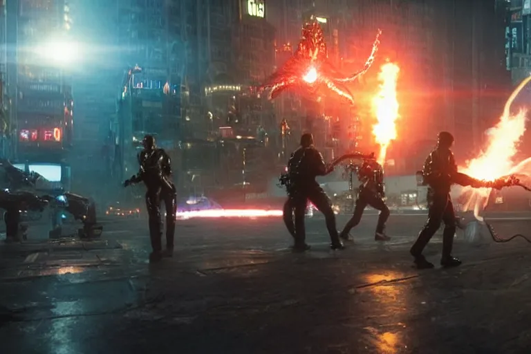 Image similar to film still of the ghostbusters fighting a kaiju in tokyo in the new pacific rim king of the monsters movie