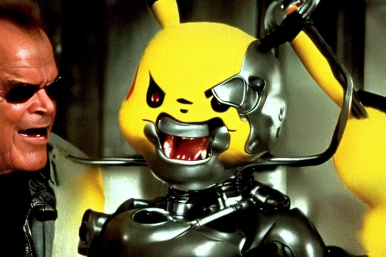 Prompt: Jack Nicholson plays Terminator Pikachu scene where his endoskeleton gets exposed still from the film directed by H. R. Giger