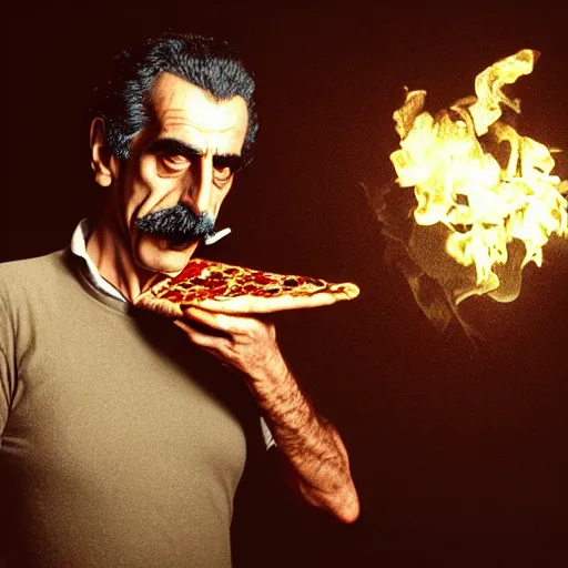 Prompt: frank zappa smoking a pizza, 8 k, photorealistic, octane render, award winning photography, lovecraft style, horror atmosphere, cinematic, hyper realism,
